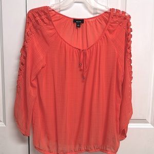 Alyx Orangeade String Tie Neck Wide Crochet Sleeves Sheer Top Size L